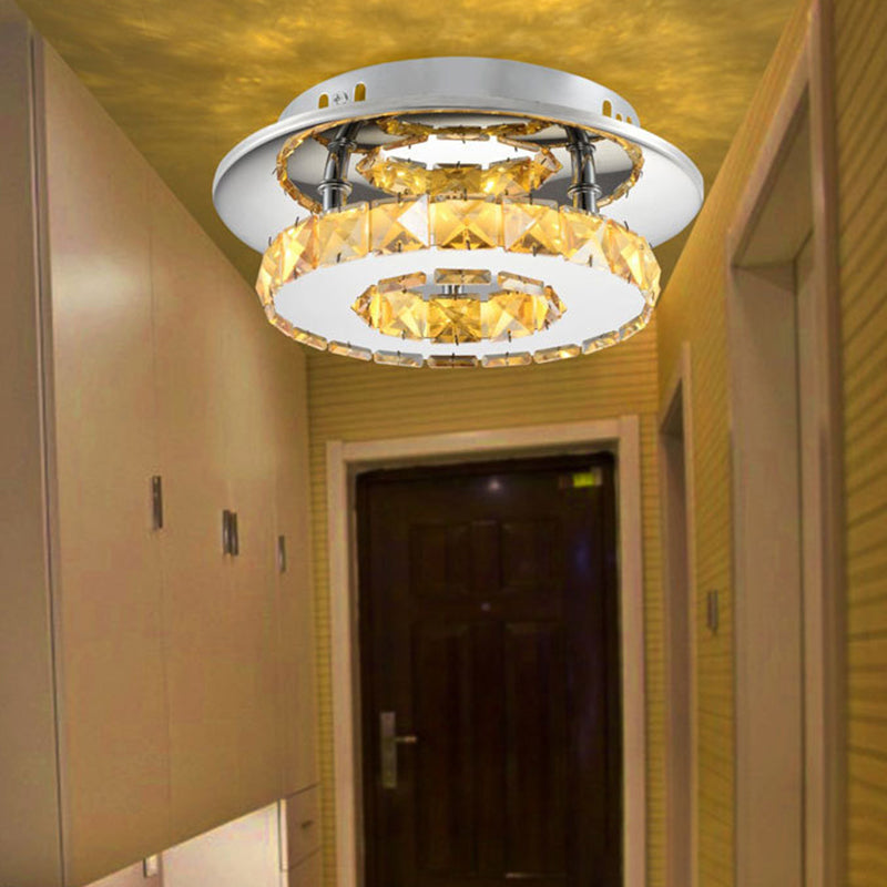 Luxury Crystal LED Indoor Ceiling Light - Circular Semi Flush Fixture in Clear/Amber Options