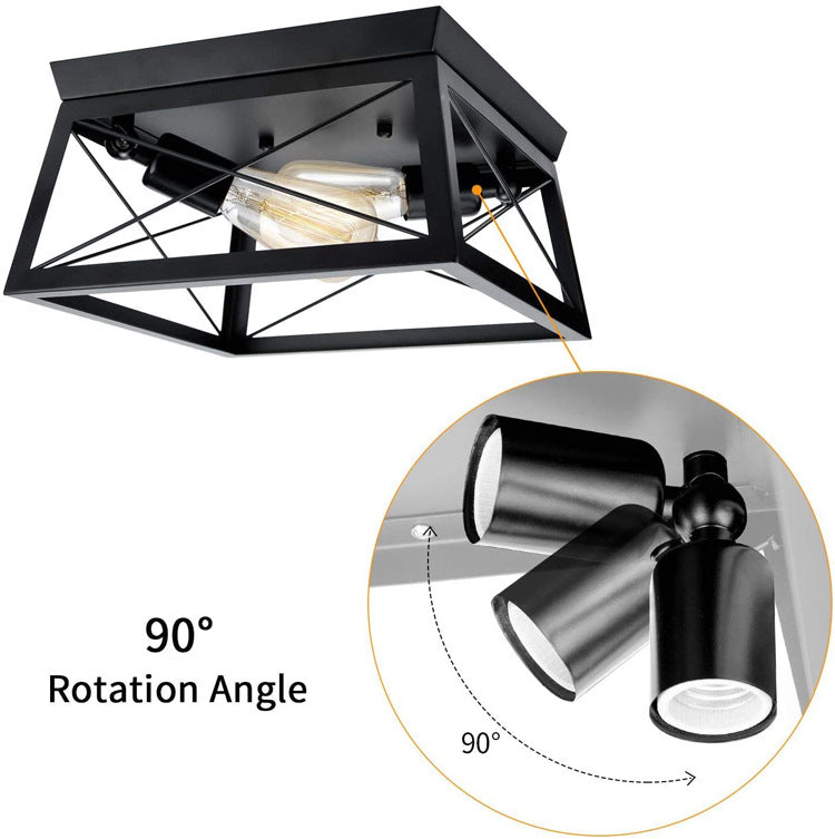 Retro Industrial Wrought Iron Ceiling Light with Black Iron Frame