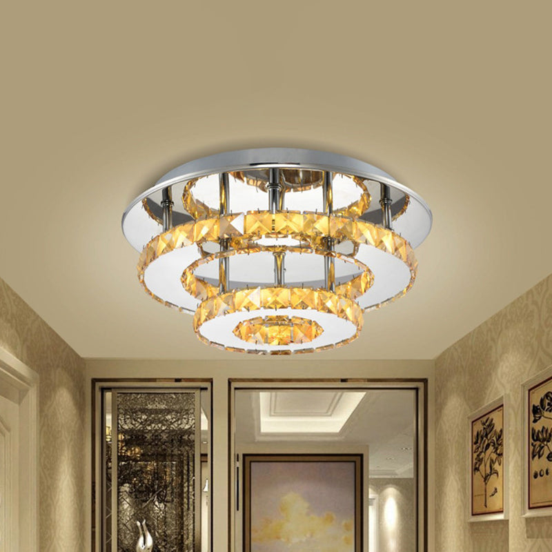 Modernist Round Crystal Semi Flush Light: 2 Tier Clear/Amber Ceiling Mount in Neutral/Warm/White - Perfect for Foyer!