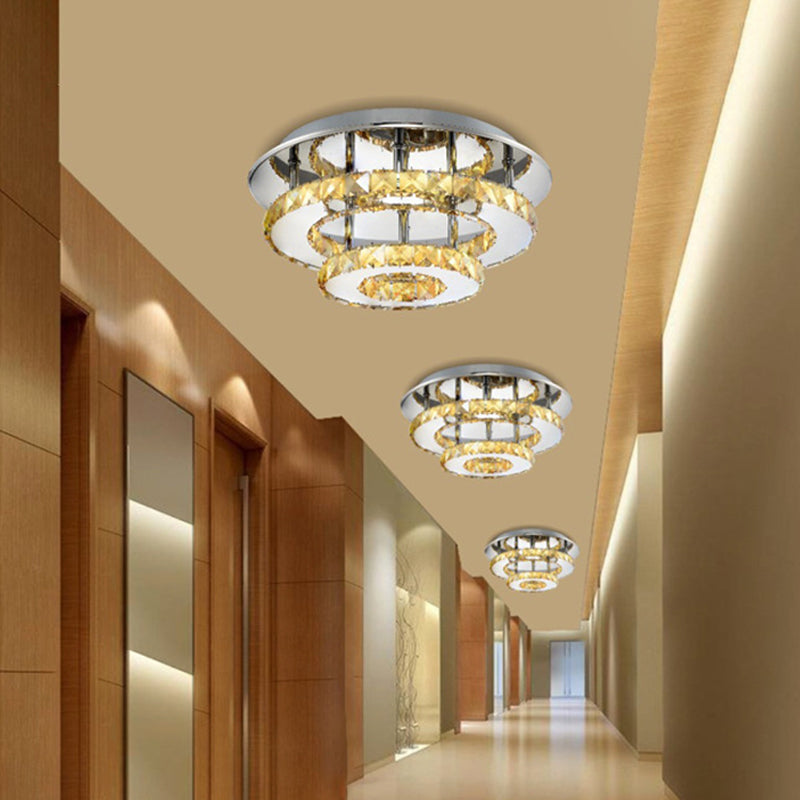 Modernist Round Crystal Semi Flush Light: 2 Tier Clear/Amber Ceiling Mount in Neutral/Warm/White - Perfect for Foyer!