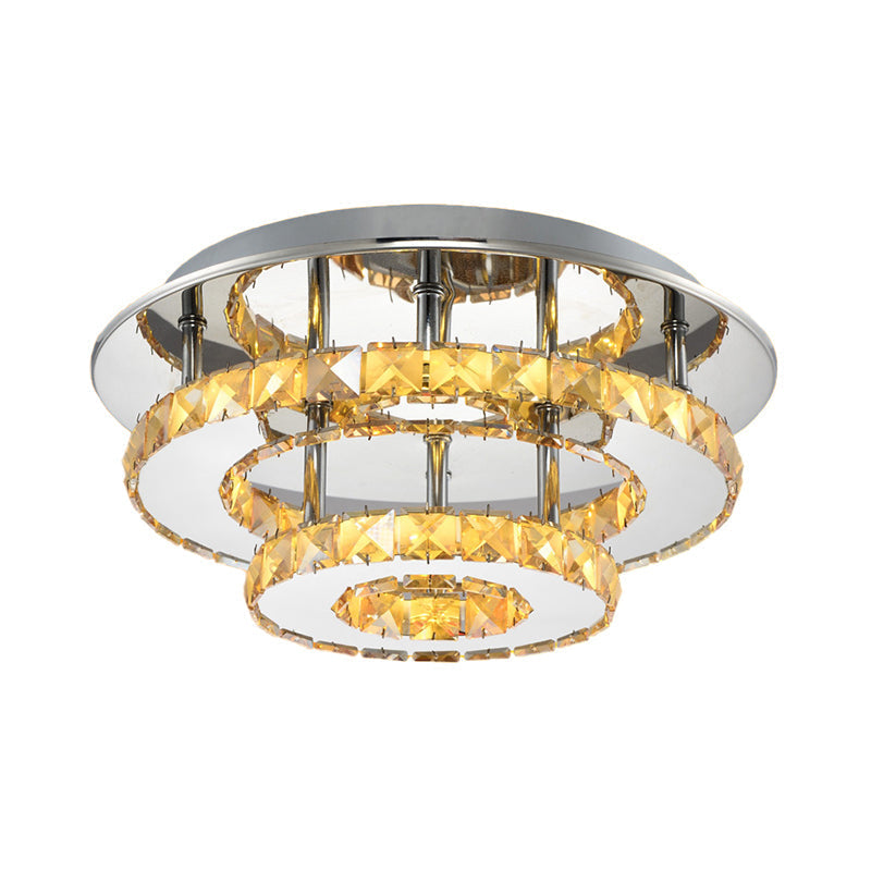 Modernist Round Crystal Semi Flush Light: 2 Tier Clear/Amber Ceiling Mount in Neutral/Warm/White - Perfect for Foyer!