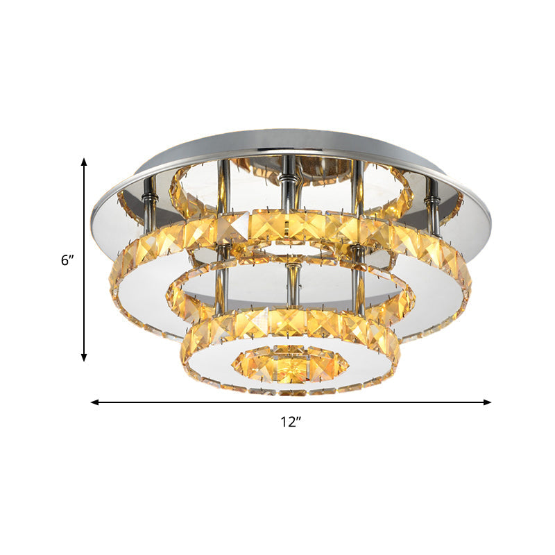 Modernist Round Crystal Semi Flush Light: 2 Tier Clear/Amber Ceiling Mount in Neutral/Warm/White - Perfect for Foyer!