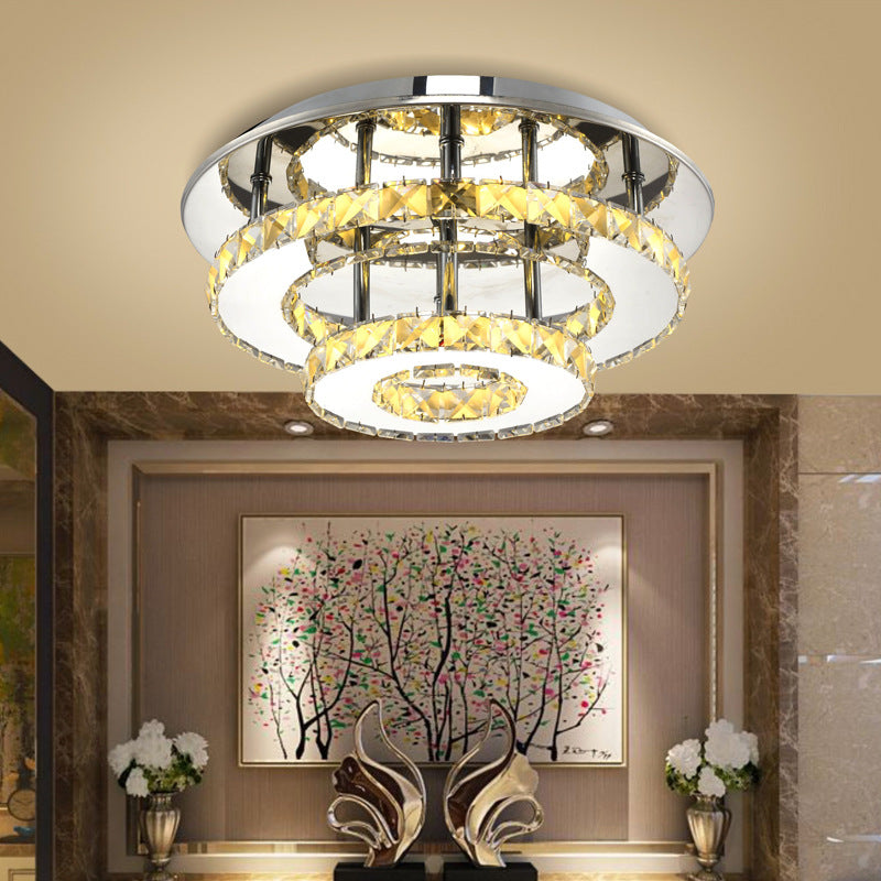 Modernist Round Crystal Semi Flush Light: 2 Tier Clear/Amber Ceiling Mount in Neutral/Warm/White - Perfect for Foyer!