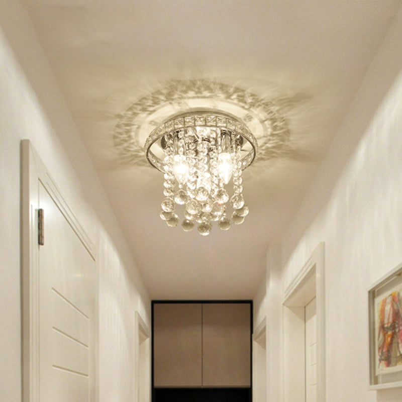 Contemporary Chrome Round Ceiling Light with Crystal Accents - 3 Bulb Living Room Mount