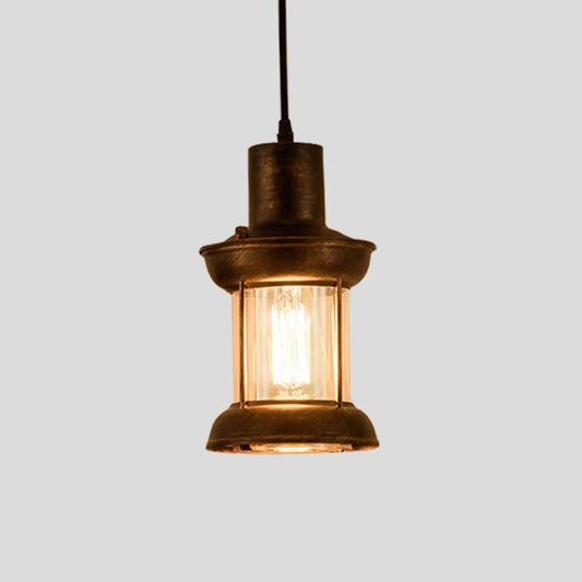 Lanterne suspendue en verre transparent de style campagnard avec pendule | Finition bronze | Luminaire à 1 ampoule