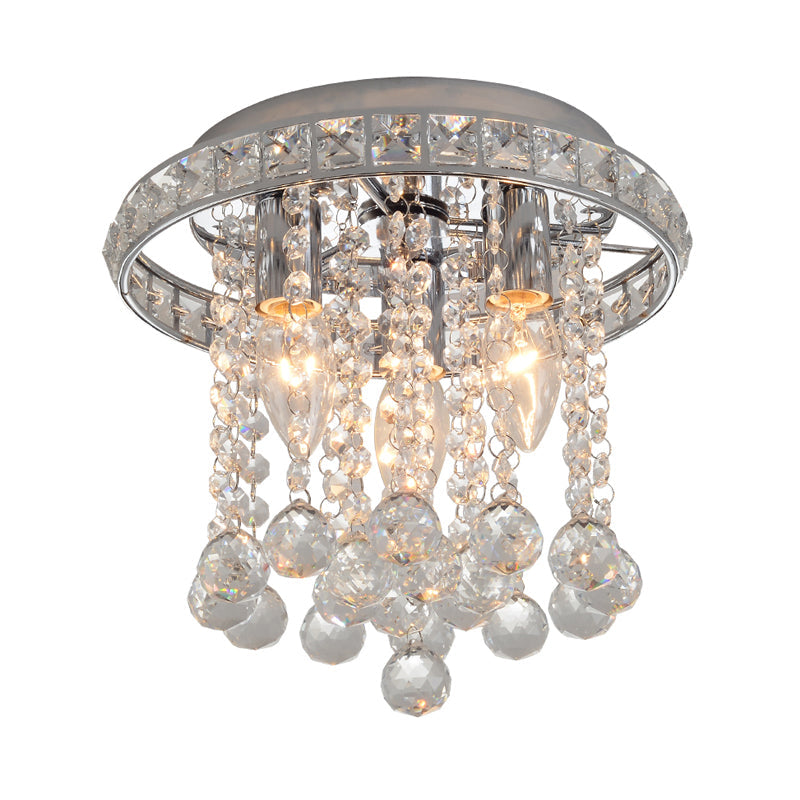 Contemporary Chrome Round Ceiling Light with Crystal Accents - 3 Bulb Living Room Mount