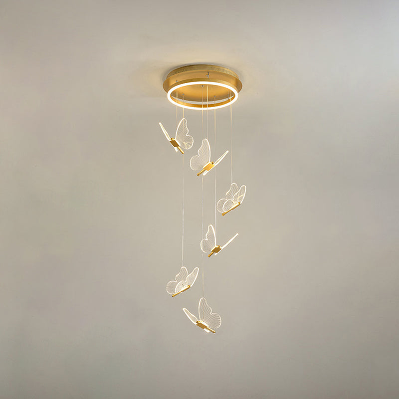 Plafonnier en spirale papillon en acrylique moderne à plusieurs lumières LED en or