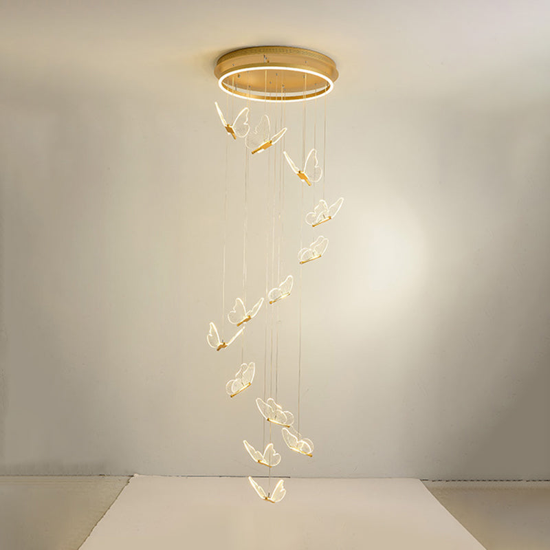 Plafonnier en spirale papillon en acrylique moderne à plusieurs lumières LED en or