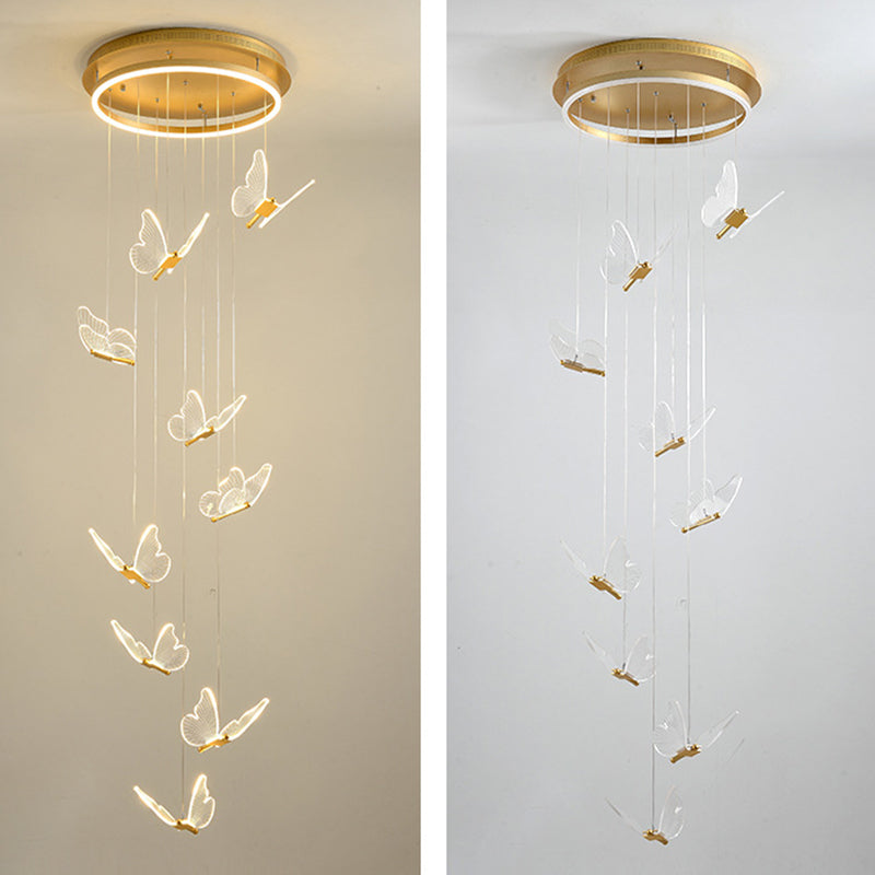 Plafonnier en spirale papillon en acrylique moderne à plusieurs lumières LED en or