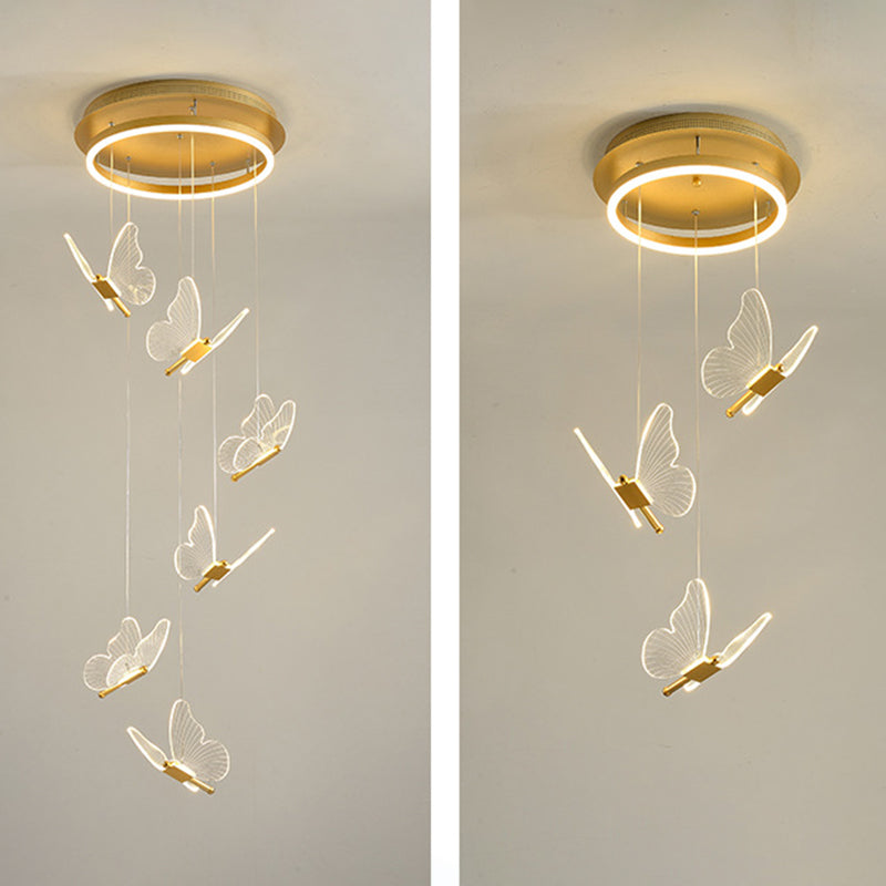 Plafonnier en spirale papillon en acrylique moderne à plusieurs lumières LED en or