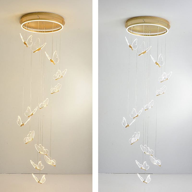 Plafonnier en spirale papillon en acrylique moderne à plusieurs lumières LED en or