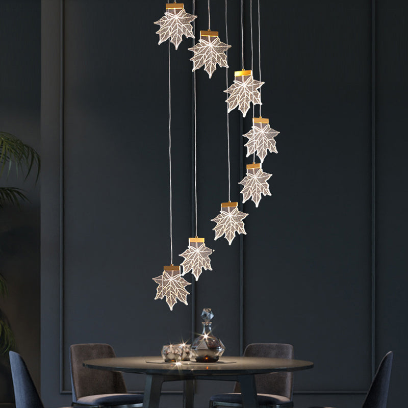 Acrylic Gold Led Pendant Lamp With Maple Leaf Cluster Design For Staircases