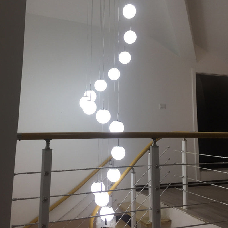 Simplicity Silver Multi Pendant Chandelier - Cream Glass Spherical Ceiling Hang Lamp for Lobby & Stairs