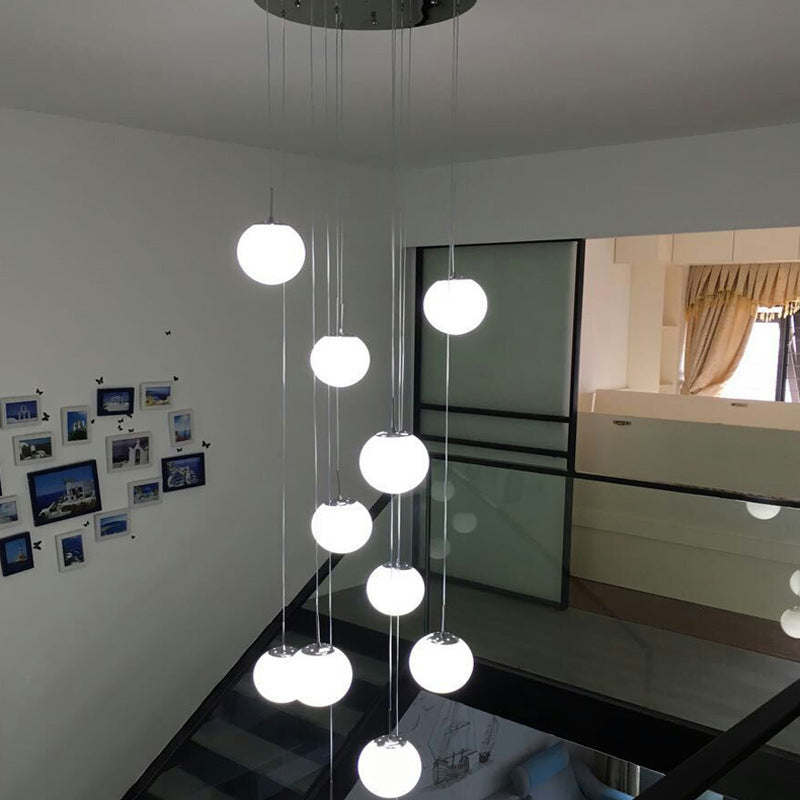 Simplicity Silver Multi Pendant Chandelier - Cream Glass Spherical Ceiling Hang Lamp for Lobby & Stairs