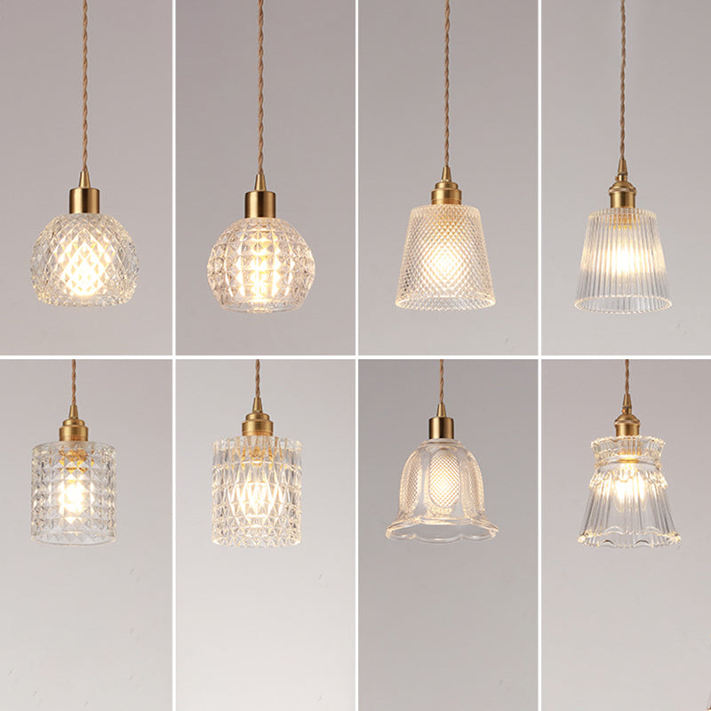 Brass Bedside Pendant Lamp with Clear Glass Shade