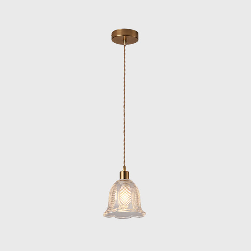 Modern Brass Bedside Pendant Lamp With Clear Glass Shade - Single-Bulb Pendulum Light / Flower