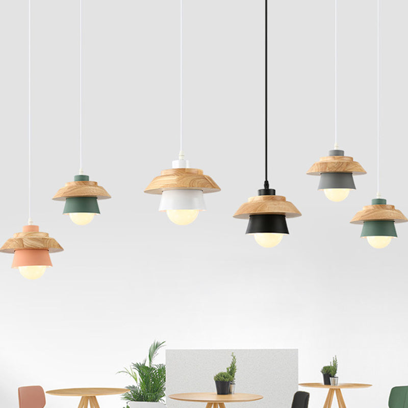 Lampe à suspension Nordic Saucer Cup - Luminaire suspendu en métal et bois