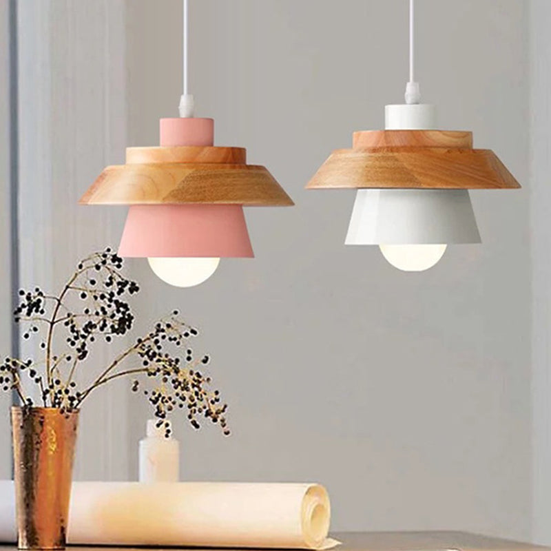 Lampe à suspension Nordic Saucer Cup - Luminaire suspendu en métal et bois