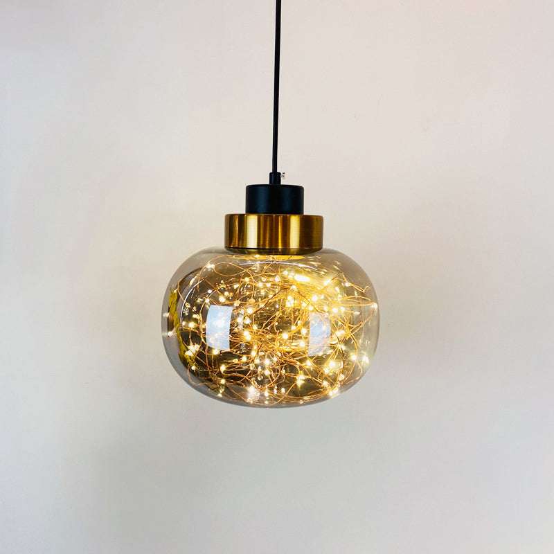Modern Brass Finish Glass Jar Pendant Light with LED String for Ceiling Hanging