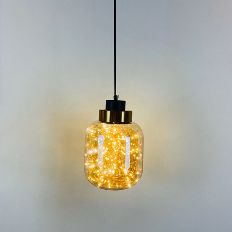 Modern Brass Finish Glass Jar Pendant Light With Led String - Ceiling Hang Lamp Amber / Warm Oval