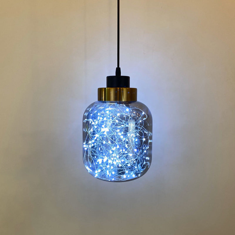 Modern Brass Finish Glass Jar Pendant Light With Led String - Ceiling Hang Lamp Smoke Gray / White