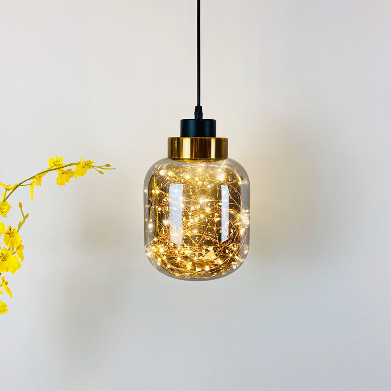 Modern Brass Finish Glass Jar Pendant Light With Led String - Ceiling Hang Lamp