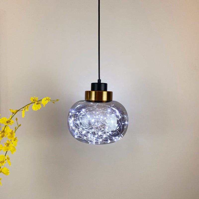Modern Brass Finish Glass Jar Pendant Light with LED String for Ceiling Hanging