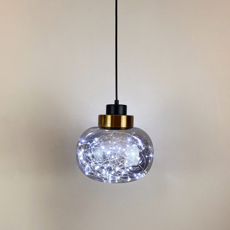 Modern Brass Finish Glass Jar Pendant Light With Led String - Ceiling Hang Lamp Smoke Gray / White