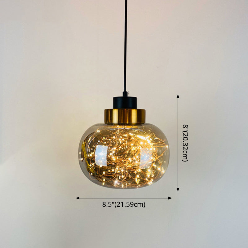 Modern Brass Finish Glass Jar Pendant Light With Led String - Ceiling Hang Lamp