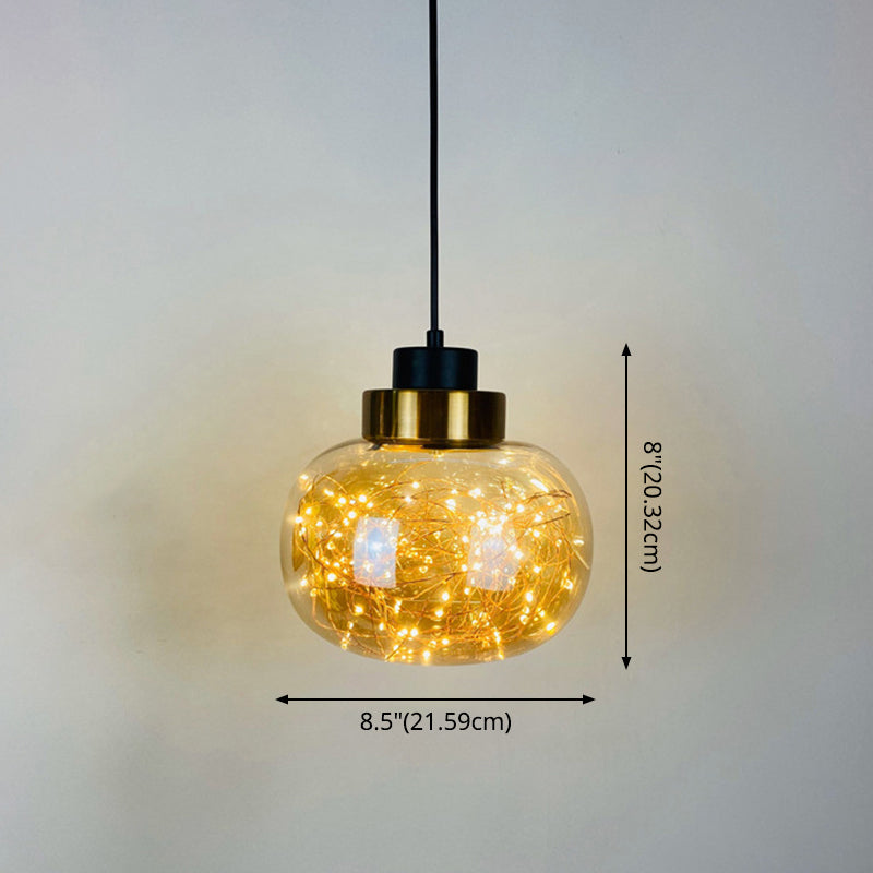 Modern Brass Finish Glass Jar Pendant Light with LED String for Ceiling Hanging