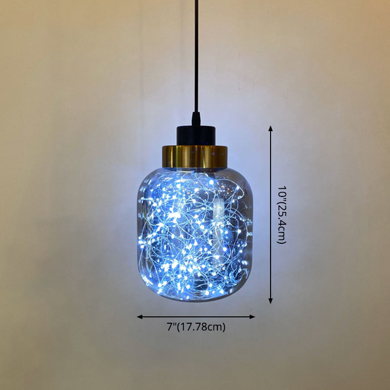 Modern Brass Finish Glass Jar Pendant Light With Led String - Ceiling Hang Lamp