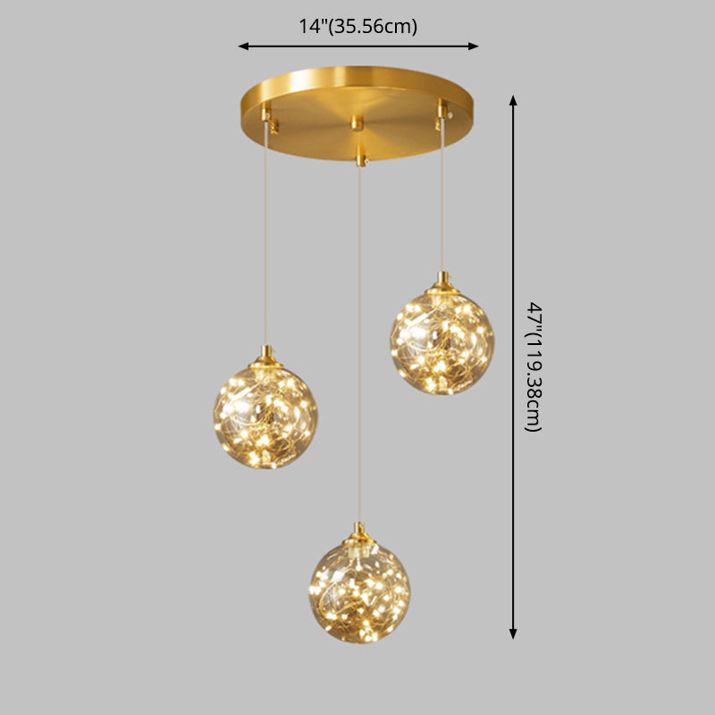 Lampe à suspension LED en verre ambré nordique avec finition en laiton et design étoilé pour chambre à coucher