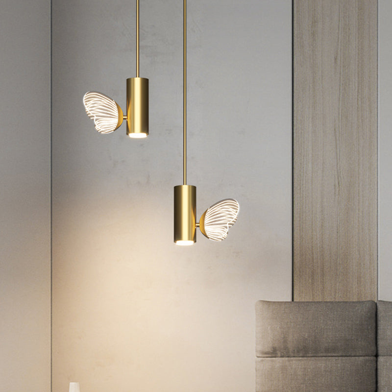 Led Brass Finish Spotlight Pendant Light With Acrylic Shade - Simple Style Twig & Butterfly Design
