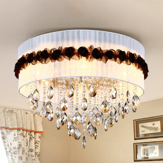 Vintage 6-Light Circle Flushmount with Crystal Bead Decoration - White Fabric Bedroom Ceiling Light