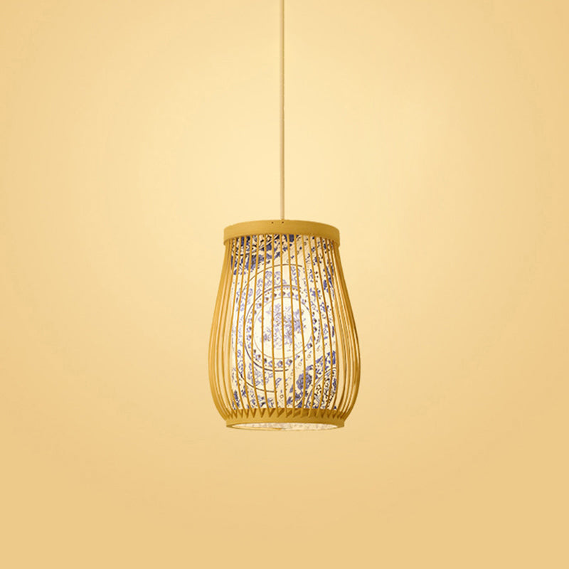 Bamboo Tea Room Ceiling Light With Chinoiserie Print Lampshade - Woven Hanging Fixture Blue / 8