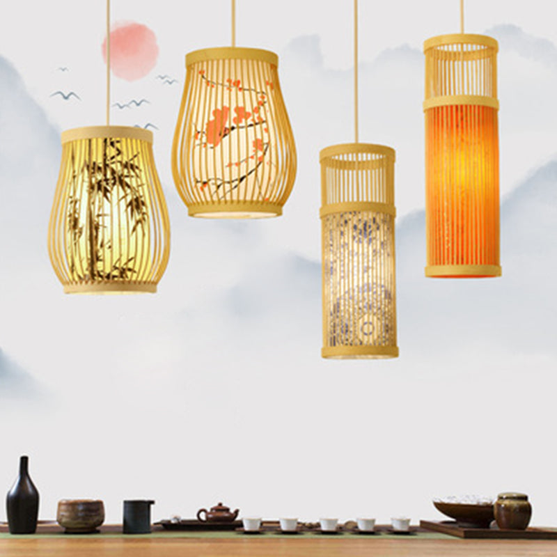 Bamboo Tea Room Ceiling Light With Chinoiserie Print Lampshade - Woven Hanging Fixture