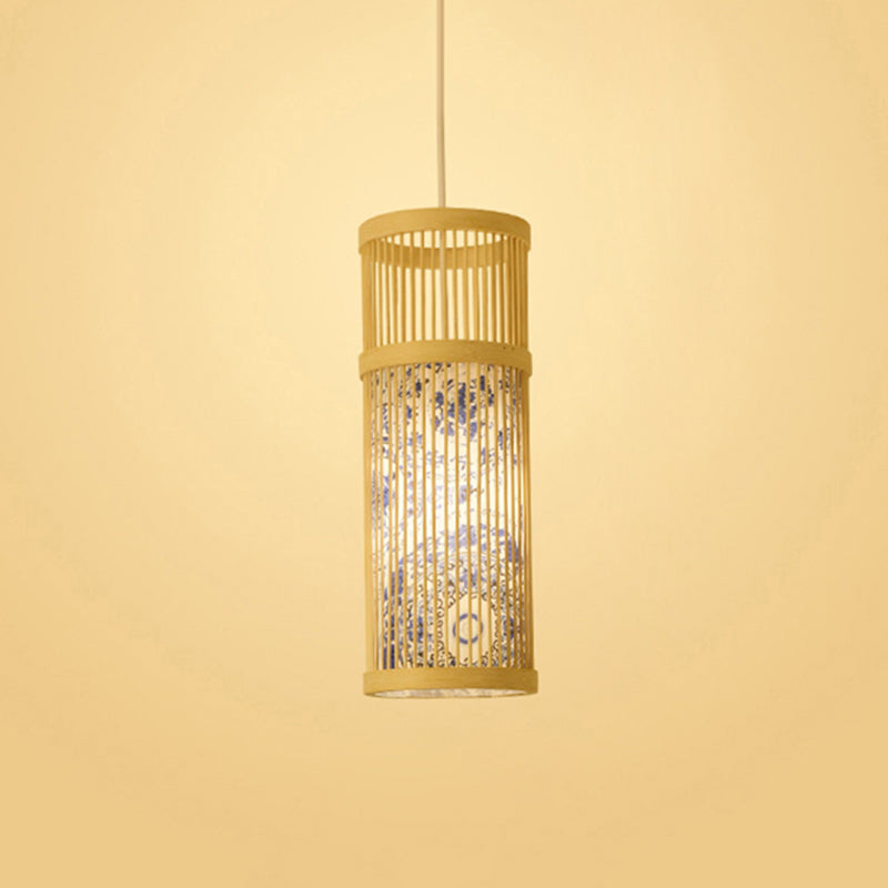 Bamboo Tea Room Ceiling Light With Chinoiserie Print Lampshade - Woven Hanging Fixture Blue / 7