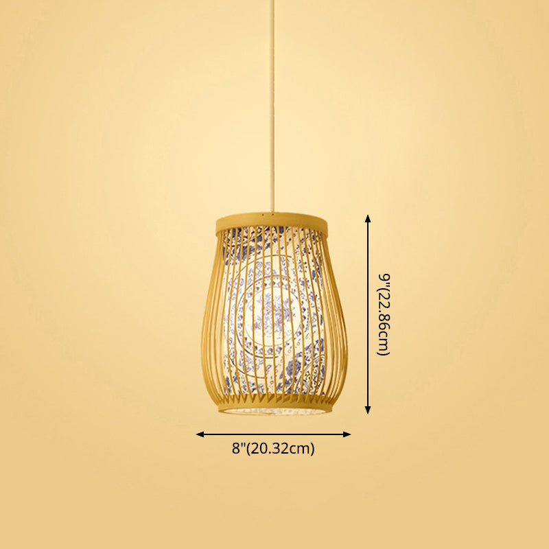 Bamboo Tea Room Ceiling Light With Chinoiserie Print Lampshade - Woven Hanging Fixture