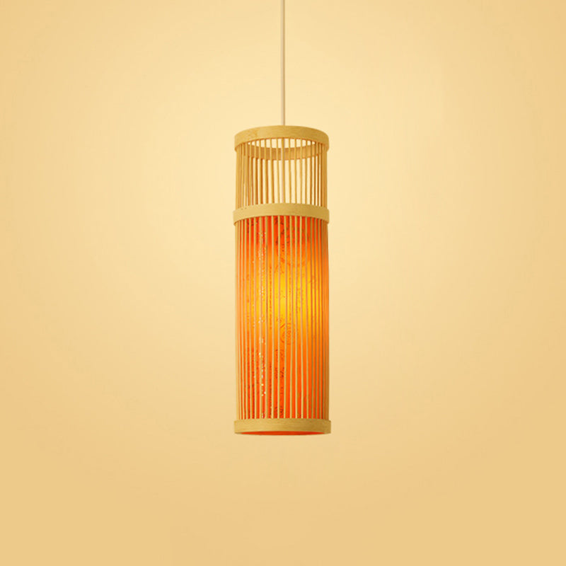Bamboo Tea Room Ceiling Light With Chinoiserie Print Lampshade - Woven Hanging Fixture Orange / 5