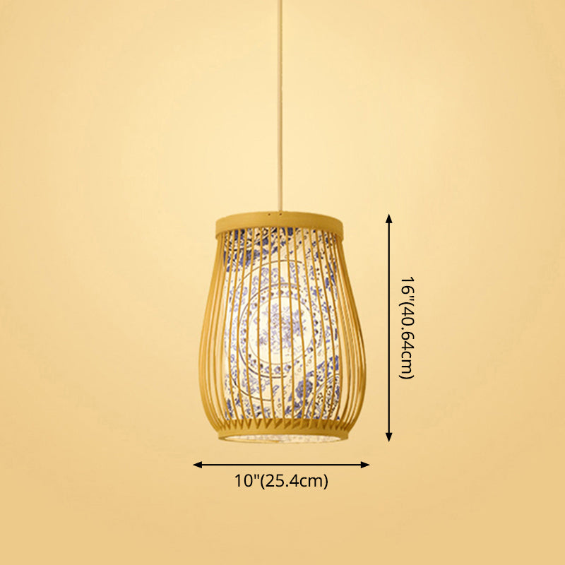 Bamboo Tea Room Ceiling Light With Chinoiserie Print Lampshade - Woven Hanging Fixture