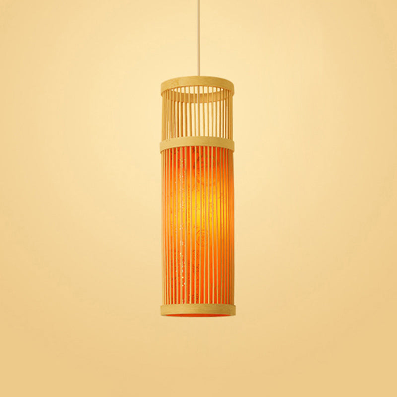 Bamboo Tea Room Ceiling Light With Chinoiserie Print Lampshade - Woven Hanging Fixture Orange / 7