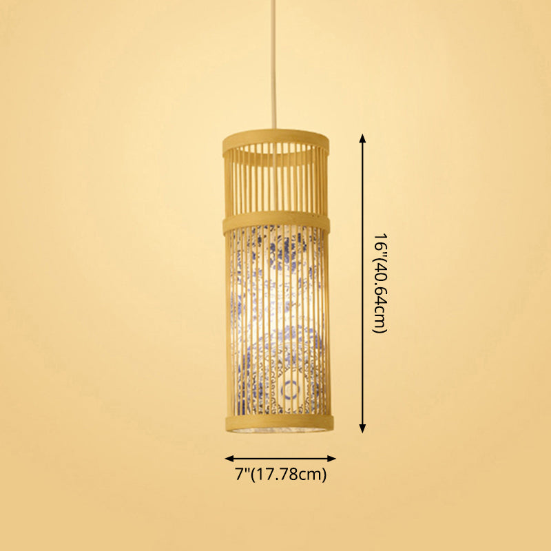 Bamboo Tea Room Ceiling Light With Chinoiserie Print Lampshade - Woven Hanging Fixture