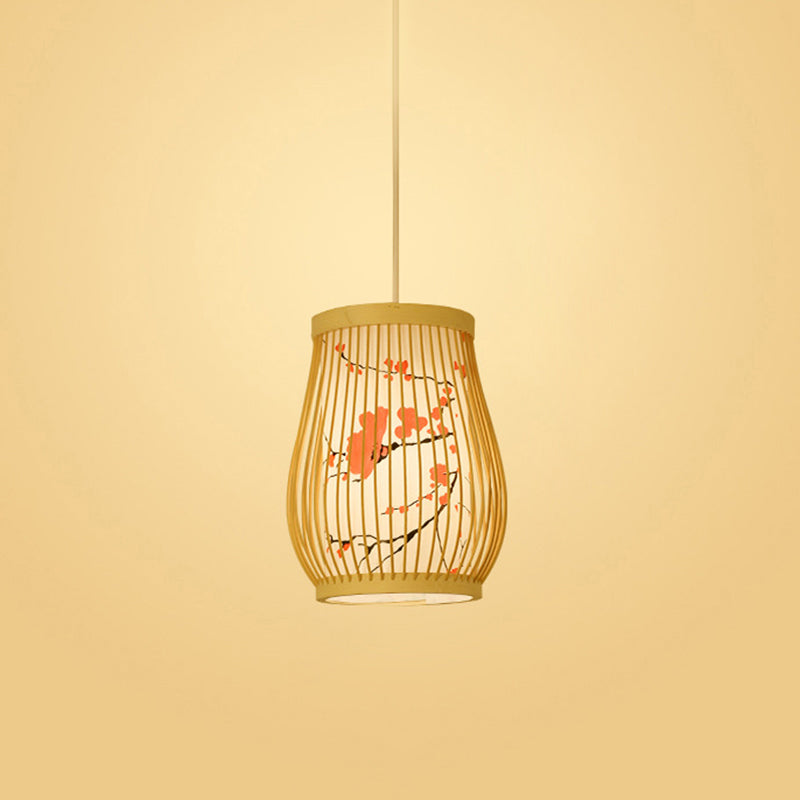 Bamboo Tea Room Ceiling Light With Chinoiserie Print Lampshade - Woven Hanging Fixture Red / 8