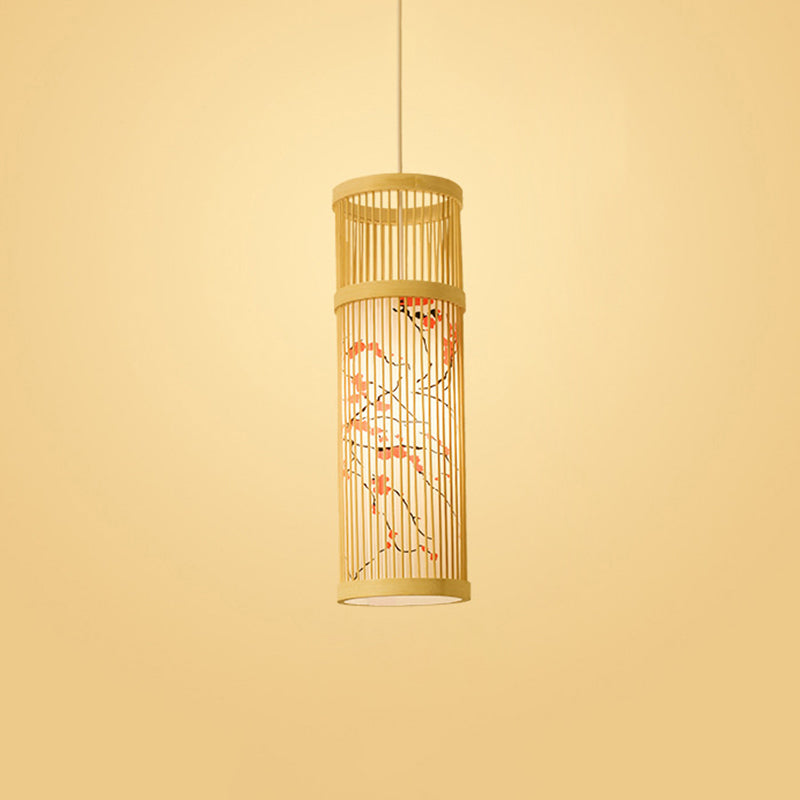 Bamboo Tea Room Ceiling Light With Chinoiserie Print Lampshade - Woven Hanging Fixture Red / 5
