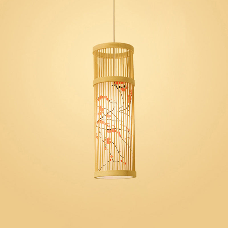 Bamboo Tea Room Ceiling Light With Chinoiserie Print Lampshade - Woven Hanging Fixture Red / 7