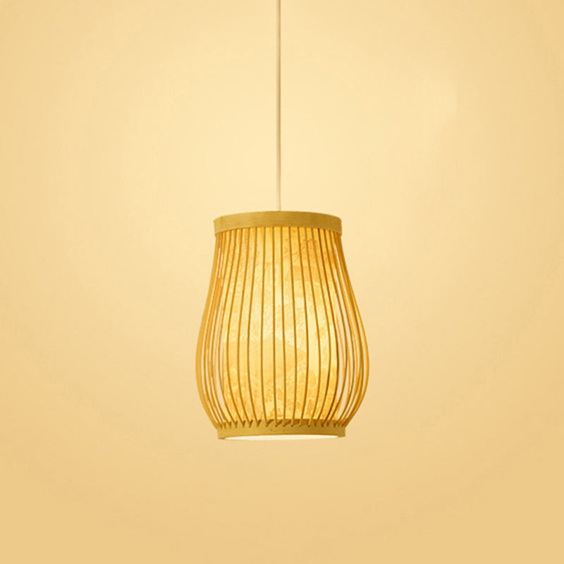 Bamboo Tea Room Ceiling Light With Chinoiserie Print Lampshade - Woven Hanging Fixture Beige / 7