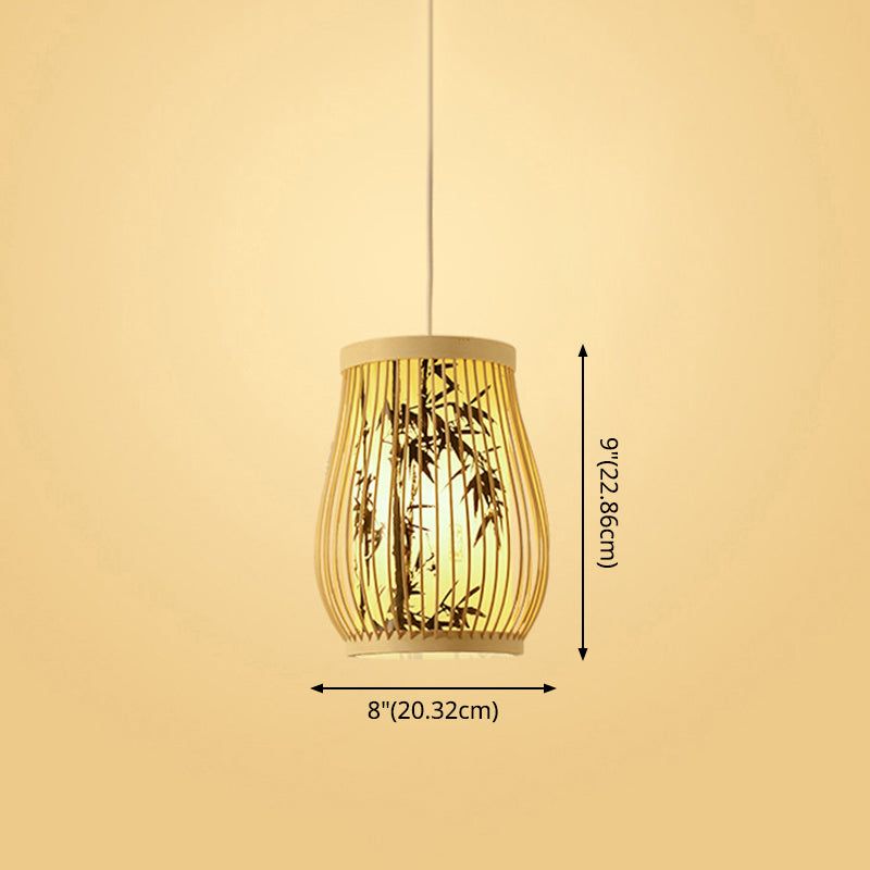 Bamboo Tea Room Ceiling Light With Chinoiserie Print Lampshade - Woven Hanging Fixture