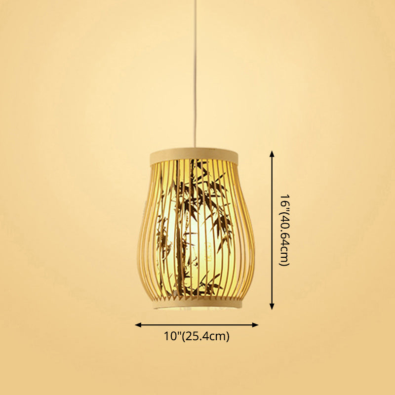 Bamboo Tea Room Ceiling Light With Chinoiserie Print Lampshade - Woven Hanging Fixture