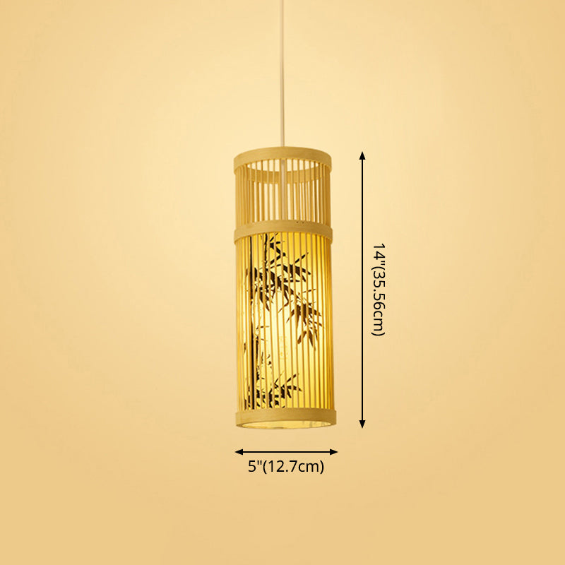 Bamboo Tea Room Ceiling Light With Chinoiserie Print Lampshade - Woven Hanging Fixture