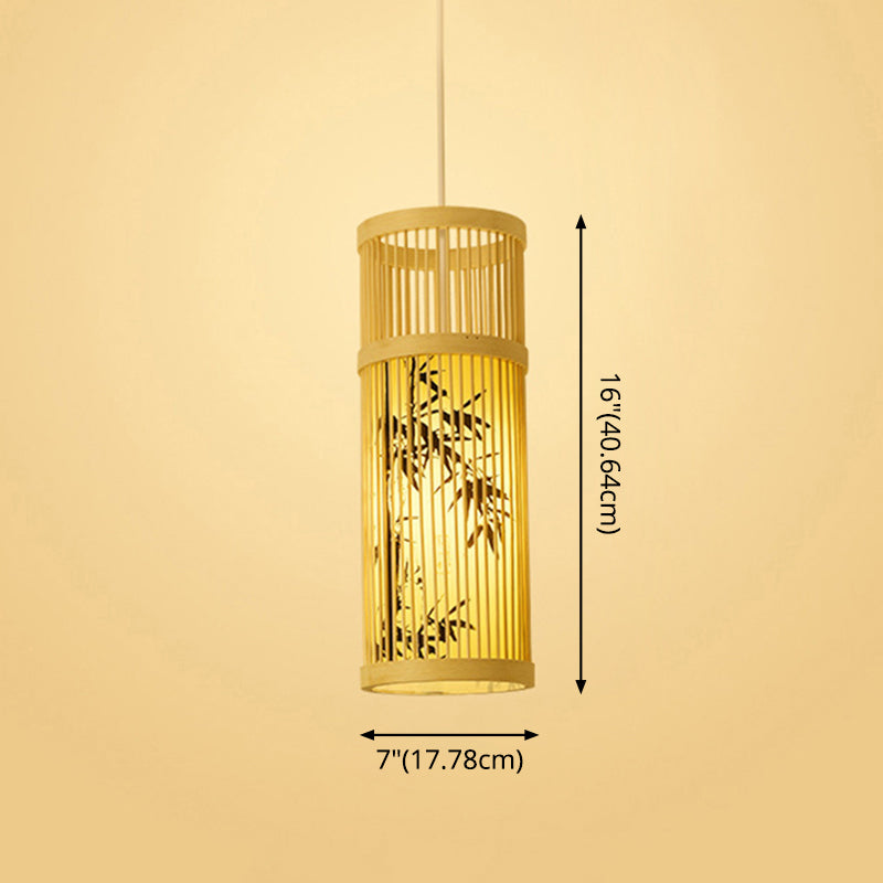 Bamboo Tea Room Ceiling Light With Chinoiserie Print Lampshade - Woven Hanging Fixture